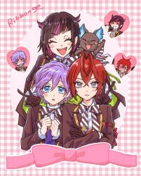  3boys :d :o ^_^ androgynous angry animal antenna_hair arm_ribbon black_gloves black_hair black_jacket blazer blue_eyes blue_vest blush_stickers bob_cut bow bowtie cat closed_eyes cocked_eyebrow collared_shirt commentary crossed_arms crossed_bangs diagonal-striped_bow diagonal-striped_bowtie diagonal-striped_clothes diagonal_bangs dot_nose double_v english_text epel_felmier eyeliner facing_viewer fangs fiery_ears frilled_shirt_collar frilled_sleeves frills gingham_background gloves gold_trim green_ribbon green_vest grey_eyes grim_(twisted_wonderland) hair_between_eyes hair_horns heart highres jacket jacket_on_shoulders lapels lilia_vanrouge looking_at_viewer magic_pen_(twisted_wonderland) makeup male_focus multicolored_hair multiple_boys multiple_views night_raven_college_school_uniform open_clothes open_jacket open_mouth outline outside_border oval_border own_hands_together p4cnoo pale_skin parted_lips peanut_mouth pink_background pink_bow pink_eyeliner pink_eyes pink_streaks pointy_ears purple_hair red_hair red_ribbon red_vest ribbon ribbon_trio_(twisted_wonderland) riddle_rosehearts school_uniform shaded_face shirt short_eyebrows short_hair single_blush_sticker smile smirk streaked_hair striped_bow striped_bowtie striped_clothes tareme tie_clip twisted_wonderland two-sided_fabric two-sided_jacket two-tone_background upper_body v vest waistcoat wavy_hair white_background white_outline white_shirt 