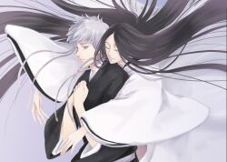  2girls anno_im black_hair bleach closed_eyes commentary_request grey_eyes grey_hair hair_down hands_on_own_chest haori hug hug_from_behind japanese_clothes kotetsu_isane light_smile long_hair multiple_girls shihakusho short_hair_with_long_locks taichou_haori unohana_retsu very_long_hair white_haori wide_sleeves 