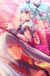  blue_hair detached_sleeves hair_ribbon long_hair lowres luthica_preventer open_mouth outstretched_hand red_eyes reum ribbon scarf sword_girls twintails white_hair 