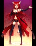  :d animal_ears bare_shoulders black_gloves black_legwear boots breasts bridal_gauntlets cleavage fang fox_ears fox_tail gloves highres konshin long_hair navel open_mouth pillarboxed pixiv_fantasia pixiv_fantasia_sword_regalia red_eyes red_hair redhead short_shorts shorts smile solo tail thigh-highs thigh_boots thighhighs thighhighs1girl 