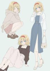  1girl ^_^ absurdres alice_margatroid alternate_costume bag blonde_hair blue_background blue_dress blue_eyes blush brown_hoodie brown_shirt brown_shoes closed_eyes commentary_request contemporary dress hairband high_heels highres holding holding_bag hood hoodie long_sleeves looking_at_viewer mary_janes multiple_views open_clothes open_mouth open_shirt pants pink_skirt red_hairband see-through_clothes see-through_shirt shirt shoes simple_background skirt smile squatting touhou tsuno_no_hito white_pants 