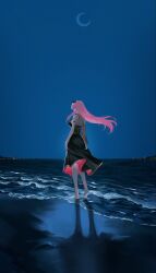  1girl beach blue_sky crescent_moon english_commentary highres hololive hololive_english horizon long_hair moon moonlight mori_calliope night ocean pink_hair shore sky solo sumikoiart waves 