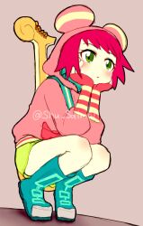  1girl :o blue_boots blush boots commentary_request full_body gloves green_eyes green_shorts guitar hands_on_own_hips head_on_hands head_rest highres hood hood_up hoodie instrument instrument_on_back leotard mega_man_(series) mega_man_star_force_(series) multicolored_gloves open_mouth pink_gloves pink_hoodie red_hair short_hair shorts shu_salmon simple_background sketch solo sonia_strumm_(mega_man) squatting twitter_username two-tone_gloves yellow_leotard 