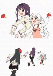  3girls abutomato akemi_homura back_bow black_hair black_hairband black_leggings black_shoes black_skirt black_thighhighs bow bowtie bright_pupils brown_bow brown_bowtie brown_eyes buttons casual chasing commentary_request dot_nose dress flat_color fleeing food food_on_head frilled_dress frills from_behind hair_between_eyes hair_bow hair_ornament hair_scrunchie hairband happy height_difference high_heels juliet_sleeves lace-trimmed_shirt lace-trimmed_sleeves lace_trim leggings long_hair long_sleeves looking_ahead mahou_shoujo_madoka_magica mahou_shoujo_madoka_magica:_walpurgis_no_kaiten miniskirt mitakihara_school_uniform momoe_nagisa motion_lines multiple_girls object_on_head open_mouth orange_dress outstretched_arms pinafore_dress pleated_skirt puffy_long_sleeves puffy_sleeves pumps purple_hair red_eyes red_shoes running school_uniform scrunchie sequential shirt shoes short_dress sidelocks simple_background single_stripe skirt sleeve_cuffs sleeveless sleeveless_dress smile speed_lines strap striped_clothes striped_hairband tareme thigh-highs throwing_tomato two_side_up v-shaped_eyebrows very_long_hair wasu_(madoka_magica) wavy_hair white_background white_hair white_pupils white_scrunchie white_shirt yellow_bow yellow_shirt zettai_ryouiki 