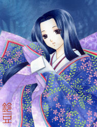  1girl artist_name black_eyes blue_background blue_hair blue_kimono blue_theme color_ink_(medium) curtained_hair floral_print floral_print_kimono holding holding_paper japanese_clothes kimono layered_kimono long_hair long_sleeves original paper print_kimono sleeves_past_fingers sleeves_past_wrists solo suzumame traditional_media upper_body white_kimono 