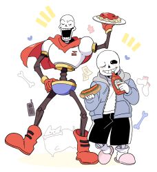  2023 2boys 2d animal annoying_dog armor black_shorts blue_jacket blue_shorts blue_soul_(utdr) bone boots brothers cape cellphone closed_eyes digital_media dog drawstring food full_body gloves grey_hood hand_on_own_hip heart height_difference holding holding_food holding_plate hollow_eyes hood hood_down hooded_jacket hot_dog humanoid jacket long_sleeves male male_focus male_only miya31 monster monster_boy multiple_boys one_eye_closed open_clothes open_jacket open_mouth paper papyrus_(undertale) pasta phone pink_slippers plate red_boots red_cape red_gloves sans_(undertale) shirt shorts siblings simple_background single_vertical_stripe skeleton slippers socks soul_(utdr) spaghetti sticky_note striped_clothes striped_shorts teeth undead undertale utdr_(toby_fox) vertical-striped_clothes vertical-striped_shorts white_armor white_background white_dog white_shirt white_socks white_stripes yellow_trim zipper 