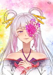  1girl bare_shoulders blue_eyes cho_kaguya-hime! colored_inner_hair coughing_flowers crying crying_with_eyes_open english_commentary flower hair_ornament highres hime_cut japanese_clothes kimono kitsuneotaku03 multicolored_hair paint_splatter runami_yachiyo simple_background tears watermark white_hair yukata 