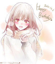  1girl amane_kikusawa blush breath brown_eyes brown_hair brown_scarf coat cold commentary_request hand_up happy_birthday highres ichizu_bitch-chan iro_ironon long_hair long_sleeves looking_at_viewer plaid_clothes plaid_scarf scarf simple_background smile solo white_background winter winter_clothes winter_coat 