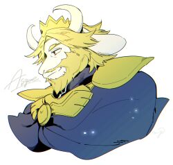  1boy 2023 2d animal_ears animal_nose anthro armor asgore_dreemurr barefoot beard blonde_hair body_fur chromatic_aberration cloak cropped_shoulders crown digital_media droopy_ears facial_hair floppy_ears from_side furry furry_male goat goat_boy goat_ears goat_horns horns king male male_focus male_only mammal miya31 monster monster_boy pauldrons profile purple_cloak simple_background solo undertale utdr_(toby_fox) white_background white_fur white_horns 
