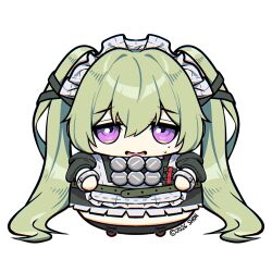  1girl apron black_dress chibi corin_wickes dress fat full_body green_hair hair_between_eyes highres long_hair looking_at_viewer maid maid_apron maid_headdress navel open_mouth puffy_short_sleeves puffy_sleeves shoh_1031 short_sleeves simple_background solo sweat twintails violet_eyes white_apron white_background zenless_zone_zero 