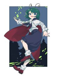  1girl :d antennae artist_name black_cape black_shorts blue_eyes border cape collared_shirt commentary_request dot_nose frilled_shorts frilled_sleeves frills green_hair hand_up highres kijima_(amayadori-tei) long_sleeves looking_at_viewer mary_janes open_mouth outside_border red_cape red_shoes shirt shoes short_hair shorts smile socks solo touhou two-sided_cape two-sided_fabric white_border white_shirt white_socks wriggle_nightbug 
