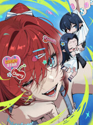  1boy 2girls absurdres blue_eyes closed_eyes commentary dingzi dress elf flower hair_flower hair_intakes hair_ornament heterochromia highres mole mole_under_eye multiple_girls one_eye_closed open_mouth original pointy_ears red_hair short_hair white_dress 