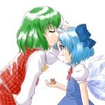  ascot blue_dress blue_eyes blue_hair bow cirno closed_eyes dress dress_shirt eyes_closed forehead_kiss green_hair hair_bow kazami_yuuka kiss multiple_girls petting plaid plaid_vest shirt short_hair supon touhou wings 