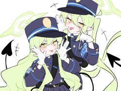  2girls :3 :p absurdres ahoge akanbe armband belt black_belt black_hat black_tail blue_archive blue_armband blue_hat blue_jacket blue_skirt blush buttons commentary_request demon_tail double-breasted earrings eyelid_pull fang gloves green_hair green_halo hair_between_eyes halo hands_up hat highres hikari_(blue_archive) honi_(honi1010) jacket jewelry long_hair long_sleeves looking_at_viewer making_faces multiple_girls nozomi_(blue_archive) open_mouth peaked_cap pleated_skirt pointy_ears shirt siblings sidelocks simple_background sisters skin_fang skirt smile tail tongue tongue_out twins twintails upper_body very_long_hair white_background white_gloves yellow_eyes 