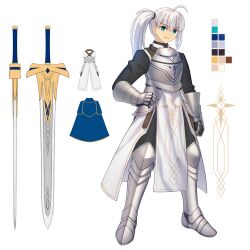  1boy ahoge androgynous armor blue_eyes breastplate commentary_request commission fate_(series) full_body gauntlets grey_hair hand_on_own_hip highres loholt_pendragon_(yevdokiya) long_hair looking_at_viewer male_focus original pelvic_curtain shoori_(migiha) side_ponytail simple_background solo sword takeuchi_takashi_(style) weapon white_background 