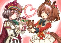 2girls animal_ears aston_machan_(flare)_(umamusume) aston_machan_(umamusume) black_bow black_bowtie blush bow bowtie breasts brown_hair cape character_doll closed_eyes closed_mouth commentary_request crown cutie_(umamusume) doll ear_covers ears_through_headwear funaya_sakichi green_bow hair_between_eyes hair_ornament hair_scrunchie hand_puppet hat holding holding_doll horse_ears horse_girl horse_tail jacket long_sleeves marche_lorraine's_puppet marche_lorraine_(racing)_(umamusume) marche_lorraine_(umamusume) mini_crown mismatched_ear_covers multicolored_hair multiple_girls one_eye_closed open_mouth puppet red_cape red_sash red_scrunchie red_sleeves sash scrunchie shirt short_hair shoulder_sash skirt smile streaked_hair tail tilted_headwear umamusume violet_eyes white_jacket white_skirt white_streaks 