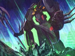  arm_blade axe battle_axe getter_rays getter_robo getter_robo_arc glowing green_light holding horns mask mecha mecha_focus robot science_fiction shin_getter_tarak solo spikes super_robot weapon wings yellow_eyes zephid 