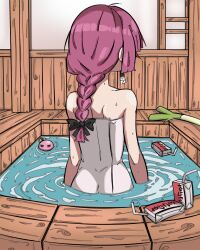  1girl =_= absurdres alcohol_carton bare_arms bare_shoulders bath black_bow bocchi_the_rock! bow braid commentary cube_hair_ornament drink_carton drinking_straw earrings english_commentary from_behind ghuler gotoh_hitori gotoh_hitori_(octopus) hair_bow hair_ornament hanafuda hanafuda_earrings highres hiroi_kikuri indoors jewelry long_hair purple_hair single_braid solo spring_onion towel upper_body violet_eyes wooden_floor 