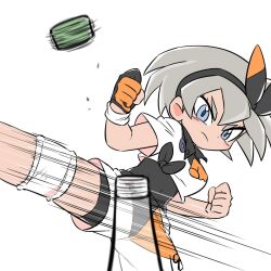  1girl bea_(pokemon) black_bodysuit black_hairband blue_eyes blurry blurry_foreground blush bodysuit bodysuit_under_clothes bottle bottle_cap bottle_cap_challenge bow_hairband clenched_hands closed_mouth commentary_request dark-skinned_female dark_skin dot_nose frown gloves grey_hair hair_between_eyes hairband highres junnosu kicking pokemon pokemon_sword_and_shield roundhouse_kick serious shirt short_hair short_sleeves shorts simple_background single_glove solo v-shaped_eyebrows white_background 