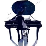  1girl black_hair black_legwear braid from_behind grand_piano height_difference instrument kneehighs knife leaning leaning_on_person long_hair long_sleeves madotsuki monochrome musical_note night night_sky piano piano_bench playing_instrument playing_piano sekomumasada_sensei shadow sitting sky suzuen twin_braids twintails weapon white_background yume_nikki 