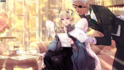  1boy 1girl anenecca arm_behind_back ascot black_pants blonde_hair brooch couch cup dairoku_ryouhei dark-skinned_male dark_skin dordenza_galareigus eyepatch gloves hand_up hibikina_rizu highres indoors jewelry leaning_forward long_sleeves pants paper reading short_hair sitting sunlight table teacup teapot violet_eyes white_gloves white_hair white_wings window wings 