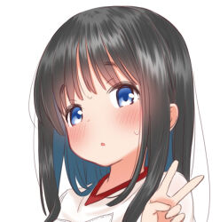 1girl :o black_hair blue_eyes blue_hair blush close-up colored_inner_hair commentary_request dot_nose fingernails gym_shirt gym_uniform hair_between_eyes hand_up head_tilt long_hair looking_at_viewer multicolored_hair open_mouth original parted_lips portrait retsumaru shirt sidelocks simple_background solo straight_hair sweat sweatdrop two-tone_hair upper_body v white_background white_shirt 