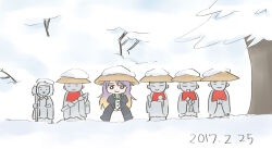  1girl bead_necklace beads black_dress commentary_request cyu_ta dated dress gradient_hair hat headscarf hijiri_byakuren jewelry jizou multicolored_hair necklace purple_hair red_scarf scarf smile snow snow_on_head solo straw_hat touhou tree white_headscarf 