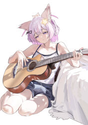  1girl absurdres animal_ear_fluff animal_ears annytf arctanln2 bed camisole commentary denim denim_shorts english_commentary expressionless full_body grey_shorts guitar hair_ornament heart heart_hair_ornament highres indie_virtual_youtuber instrument playing_guitar playing_instrument purple_hair short_hair short_shorts shorts simple_background sitting solo spaghetti_strap star_(symbol) star_hair_ornament striped_camisole violet_eyes virtual_youtuber white_background white_camisole yokozuwari 