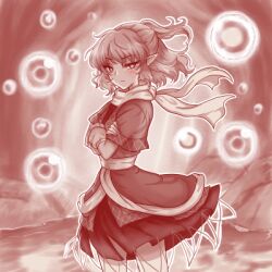  1girl arm_warmers blush closed_mouth commentary_request crossed_arms danmaku looking_at_viewer lowres medium_hair mizuhashi_parsee monochrome necoyngwie pointy_ears red_theme scarf shirt skirt solo touhou 