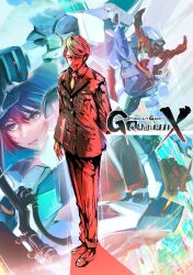  1boy 1girl absurdres amate_yuzuriha aqua_eyes axe beard bodysuit cent_u challia_bull collared_shirt commentary_request facial_hair glowing glowing_eyes gquuuuuux green_eyes green_hair gundam gundam_gquuuuuux heat_hawk highres holding holding_axe holding_weapon jacket long_sleeves looking_at_viewer mecha mecha_pilot_suit military_jacket military_uniform mobile_suit multicolored_bodysuit mustache necktie normal_suit_(gundam) open_mouth red_eyes red_gundam red_hair robot science_fiction shirt short_hair spacesuit v-fin violet_eyes weapon zeon 
