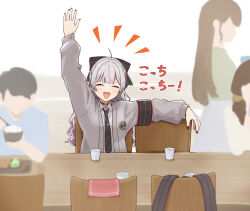  1girl :d ^_^ ahoge arm_up armband black_armband black_bow black_necktie bow cardigan chair closed_eyes collared_shirt commentary_request cup grey_cardigan grey_hair hair_bow highres ishigami_nozomi ishigami_nozomi_(school_uniform) long_hair long_sleeves multicolored_hair multiple_girls necktie nijisanji open_cardigan open_clothes open_mouth people puffy_long_sleeves puffy_sleeves red_streaks school_uniform shirt smile solo_focus streaked_hair table towo_nageru translated virtual_youtuber white_shirt wooden_chair wooden_table 