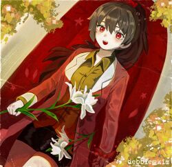  1girl absurdres bathtub black_skirt blood brown_hair carmen_(project_moon) collared_shirt commentary_request debbie_kimm flower green_shirt high_ponytail highres holding holding_flower in_bathtub lobotomy_corporation long_hair looking_at_viewer miniskirt open_mouth pencil_skirt ponytail project_moon shirt skirt smile solo white_lily 