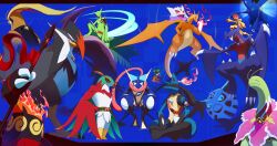  absurdres antennae beak beetle beetle_elytra bird black_sclera blue_background blue_eyes boar bug charizard claws closed_eyes colored_sclera colored_skin commentary_request dragon emboar fire flame-tipped_tail flower garchomp glalie green_skin greninja hawlucha heracross highres horns ice insect_wings jcstr long_tongue looking_at_viewer lucario luchador_mask mask mega_charizard_y mega_pokemon mega_stone meganium mohawk no_humans orange_skin pidgeot pink_flower pokemon pokemon_(creature) pokemon_focus polearm red_eyes rhinoceros_beetle sauropod sceptile scrafty shark_fin single_horn spear spikes squatting staraptor tail talons teeth tongue tongue_scarf tusks very_long_tongue weapon webbed_feet webbed_hands wings yellow_eyes yellow_sclera 