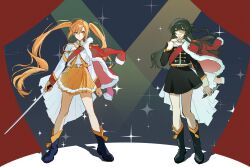  2girls absurdres bang_dream! bang_dream!_yumemita belt black_boots black_shirt black_skirt blonde_hair boots chinese_commentary commentary_request cosplay curtains full_body fur-trimmed_jacket fur_trim green_eyes green_hair hair_bun hair_ornament hand_to_own_mouth highres holding holding_sword holding_weapon jacket jacket_on_shoulders jizhui_hao_teng long_hair long_sleeves looking_at_viewer mole mole_under_mouth multiple_girls nakamachi_arale nakamachi_arale_(real) one_side_up pleated_skirt red_sash sash shirt shoujo_kageki_revue_starlight shoulder_sash single_side_bun skirt smile sparkle spotlight standing sword tassel twintails very_long_hair viola_(bang_dream!) weapon white_shirt x_hair_ornament yellow_belt yellow_skirt 