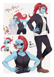  +++ 1boy 2023 2d 2girls alternate_costume anonymous anthro armor black_eyepatch black_jacket black_pants blue_shorts blue_skin boots brown_boots cape colored_sclera colored_skin colored_teeth digital_media ear_fins eyepatch faceless faceless_female female female_focus fins fish fish_girl gloves hands_on_own_waist head_fins heart high_ponytail hip_bones humanoid jacket long_hair looking_at_viewer male miya31 monster monster_boy monster_girl multiple_girls official_alternate_costume pants papyrus_(undertale) ponytail print_armor red_cape red_gloves red_hair scarf sharp_teeth shorts simple_background skeleton slit_pupils spine sweater teeth trio undead undertale undyne utdr_(toby_fox) viewer_self-insert white_armor white_background white_scarf white_sweater yellow_sclera yellow_teeth yellow_trim 