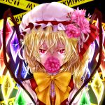  ameya_nihachi blonde_hair bust buttons caution_tape embellished_costume flandre_scarlet flower flower_in_mouth hat hat_ribbon pink_eyes ribbon shirt short_hair side_ponytail solo touhou vest wings 
