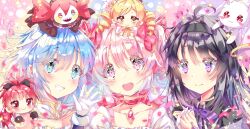  6+girls :d ahoge akemi_homura akemi_homura_(magical_girl) aqua_eyes aqua_hair black_hair black_hairband blonde_hair bow charlotte_(madoka_magica) chibi chibi_on_head chibi_on_shoulder collar colorful_background commentary_request creature creature_on_head drill_hair gloves grin hair_bow hair_intakes hairband interlocked_fingers jewelry kaname_madoka kaname_madoka_(magical_girl) kyubey long_hair mahou_shoujo_madoka_magica mahou_shoujo_madoka_magica_(anime) medium_hair miki_sayaka miki_sayaka_(magical_girl) mini_person mini_person_on_head mini_person_on_shoulder minigirl multiple_girls on_head pendant pink_eyes pink_hair purple_bow red_bow red_eyes red_hair sakura_kyoko sakuya_no_aotori sharp_teeth short_hair smile soul_gem_(madoka_magica) sparkle_background teeth tomoe_mami twin_drills upper_teeth_only violet_eyes white_collar white_gloves yellow_eyes 