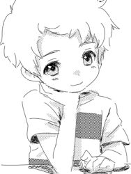  1boy dithering greyscale jaggy_lines looking_at_viewer lowres lucas_(mother_3) male_focus monochrome mother_(series) mother_3 portrait senntakuya shirt short_hair sitting sketch smile solo striped_clothes striped_shirt 