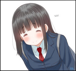  1girl ^_^ artist_name bag black_border black_hair blazer blue_jacket blunt_bangs blush border buttons closed_eyes closed_mouth collared_shirt commentary_request dated dress_shirt facing_viewer formal_clothes highres jacket kanbayashi_shiori leaning_forward long_hair long_sleeves necktie original red_necktie retsumaru school_bag school_uniform shirt sidelocks signature simple_background smile solo upper_body white_background white_shirt wing_collar 