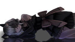  1girl animal_ears black_dress black_gloves bow closed_mouth commentary_request curren_chan_(ma_cherie_of_the_new_moon)_(umamusume) curren_chan_(umamusume) dress dress_bow ear_covers elbow_gloves expressionless feet_out_of_frame frilled_dress frills gloves grey_bow grey_eyes grey_hair highres horse_ears horse_girl looking_down lying on_side pearl_hair_ornament reflective_floor short_hair simple_background sleeveless sleeveless_dress solo u4r1a3 umamusume white_background 
