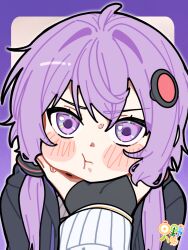  2girls :t absurdres ahoge black_gloves black_jacket blush_stickers border closed_mouth commentary_request double-parted_bangs fingerless_gloves gloves hair_between_eyes hair_intakes hair_ornament hand_on_another's_chin highres hinohari_(user_wzxk7585) jacket kizuna_akari multiple_girls out_of_frame outside_border purple_border purple_hair short_hair_with_long_locks simple_background solo_focus sweat upper_body violet_eyes vocaloid voiceroid white_background yuzuki_yukari 
