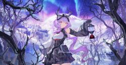  1girl arknights arknights:_endfield bare_shoulders bare_tree black_gloves breasts chinese_commentary commentary_request detached_sleeves gloves highres holding holding_lantern horns lantern long_hair looking_at_viewer outdoors parted_lips pink_eyes purple_hair purple_horns sky small_breasts solo tree typhoeus_(arknights) typhon_(arknights) yang_lizi 