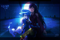  2girls anime_coloring arm_around_another's_waist backlighting bandaged_head bandages bare_shoulders black_hair blue_collar blue_eyes blue_gloves blue_hair blue_shirt blue_sleeves blue_theme bow bridge buttons canon_event cape character_request check_character closed_mouth clothing_cutout collar collarbone collared_cape commentary_request copyright_name covered_mouth cowboy_shot day detached_collar detached_sleeves determined diamond_button dress fortissimo full_moon furrowed_brow gloves hair_bow hair_ornament hair_over_one_eye hairclip hand_on_another's_hip height_difference high_collar highres holding holding_sword holding_weapon lips long_dress long_hair long_sidelocks long_sleeves looking_at_viewer magical_girl mahou_shoujo_madoka_magica mahou_shoujo_madoka_magica:_walpurgis_no_kaiten miki_sayaka moon multiple_girls musical_note musical_note_hair_ornament one_eye_closed one_eye_covered outdoors outstretched_arm ponytail red_dress red_eyes shiika_sadamasa shirt short_hair short_ponytail shoulder_cutout sidelocks signature skyline smile spoilers strapless strapless_shirt sword tsurime two-tone_shirt v-neck very_long_hair wasu_(madoka_magica) weapon white_bow white_cape white_shirt yuri 
