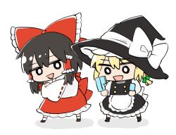  2girls :d apron back_bow black_hat black_skirt black_vest blonde_hair bow braid brown_hair buttons chibi chibi_only commentary_request crossed_arms cyu_ta detached_sleeves food frilled_hair_tubes frills green_bow hair_bow hair_tubes hakurei_reimu hat hat_bow holding holding_food holding_popsicle kirisame_marisa long_hair long_sleeves multiple_girls open_mouth popsicle red_bow red_skirt shirt single_braided_sidelock skirt smile touhou unequal_popsicle_division vest white_apron white_background white_bow white_shirt witch_hat 