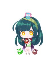 1girl absurdres ahoge blunt_bangs blush_stickers bright_pupils chibi chibi_only closed_mouth daruma_doll edomura_niniko full_body green_hair green_hairband green_kimono hairband highres holding holding_paintbrush japanese_clothes kimono long_hair obi official_art paintbrush purple_sash sash second-party_source short_sleeves simple_background smile solo standing touhoku_itako touhoku_kiritan touhoku_zunko transparent_background utau very_long_hair voiceroid white_pupils yellow_eyes zundamon zundamon_(utau) 