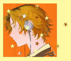  1boy brown_eyes brown_hair brown_shirt closed_mouth commentary cropped_shoulders curtained_hair from_side frown hanamura_yousuke headphones highres lilpong2 male_focus persona persona_4 profile shirt short_hair solo star_(symbol) untranslatable_commentary very_short_hair 