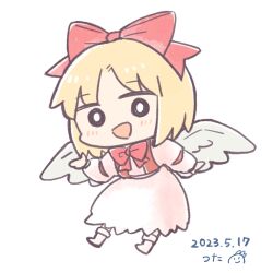  1girl :d artist_name blonde_hair blush bow bowtie chibi chibi_only commentary cyu_ta dated dress gengetsu_(touhou) hair_bow highres open_mouth pink_dress red_bow red_bowtie red_vest shoes sketch smile solo touhou touhou_(pc-98) untranslatable_commentary vest white_background white_shoes wings 