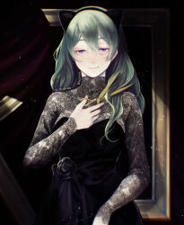  1girl absurdres alternate_costume animal_ears black_dress cat_ears dress fishnet_sleeves fishnets formal_clothes green_hair hei-b highres holding holding_scissors long_hair scissors solo sousou_no_frieren ubel_(sousou_no_frieren) violet_eyes 