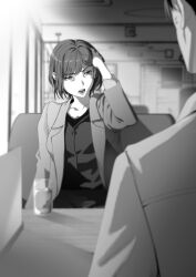  1boy 1girl absurdres arishima_kaoru arishima_shouko blurry blurry_background commentary_request cup greyscale hakuchuumu_no_aojashin hand_up highres husband_and_wife indoors jacket lapels mole mole_under_eye monochrome notched_lapels novel_illustration official_art open_clothes open_jacket open_mouth second-party_source shimofuri short_hair sitting water 