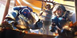  1girl absurdres adeptus_astartes armor blood blood_on_face blue_armor cooking dreadnought_(warhammer_40k) food girls_frontline helmet highres kotoriyrisuet logo meme orc ork_(warhammer) red_eyes roboute_guilliman smile soup spas-12_(girls'_frontline) thumbs_up warhammer_40k 